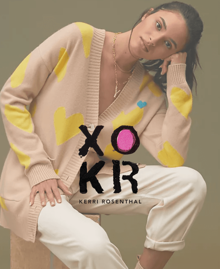 XOKR by Kerri Rosenthal campaign image featuring a heart-print cardigan